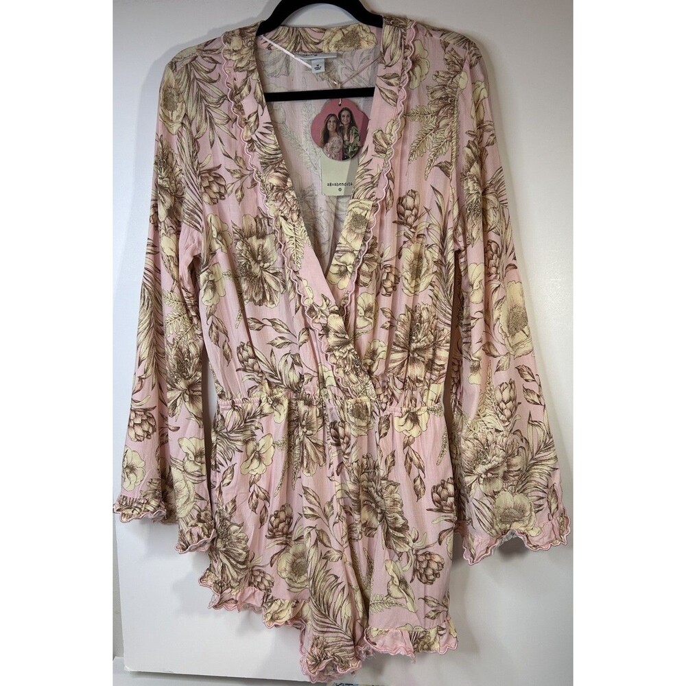 Aguabendita Pink And Cream Long Sleeve Floral Romper Size M NWT Pockets